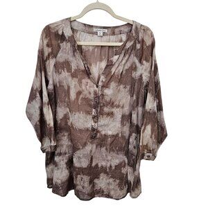 Coldwater Creek 100% Cotton Brown Tie Dye Popover Tunic Blouse Size PXL
